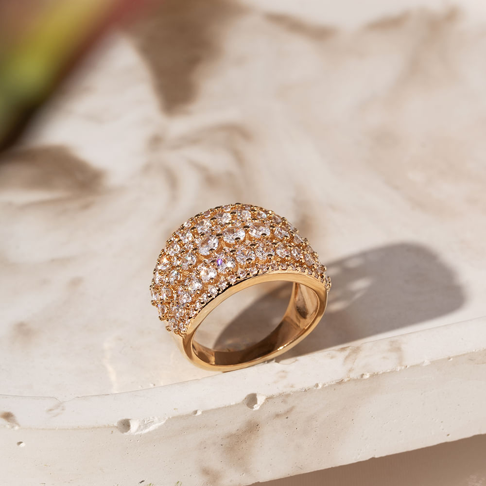 Conjunto Brinco, Anel e Bracelete Inteiro Cravejado de Zircônias Brancas - Banho de Ouro 18k